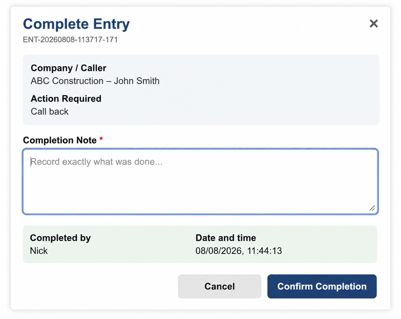 Call Register main dashboard