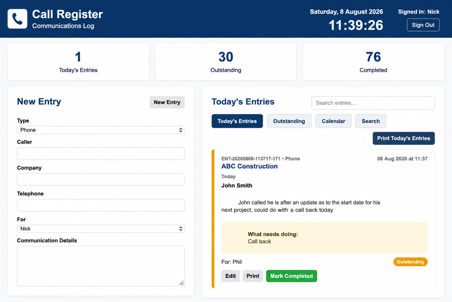 Call Register search screen